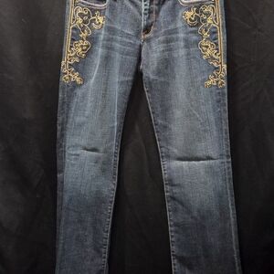 X2 Quality Denim W10 Size 6 Low Rise Boot Cut Jeans Gold Embroidery Gem Button N